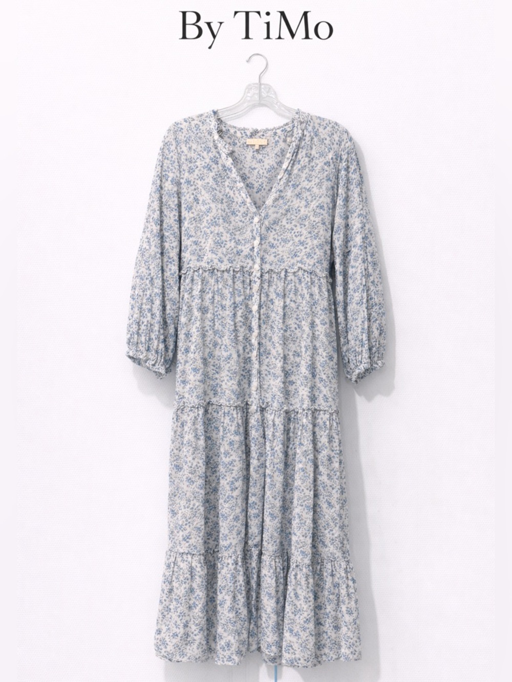 byTiMo Cotton Midi Dress M Blue Floral Long Sleeve Smocked Boho